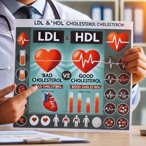 LDL & HDL test. A comparison of LDL (bad) and HDL (good) cholesterol in the bloodstream, with a doctor explaining the test results.